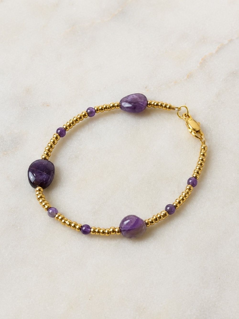 Amethyst Natural Gemstone Bracelet Size 7.5" Purple and Gold Beaded Handmade